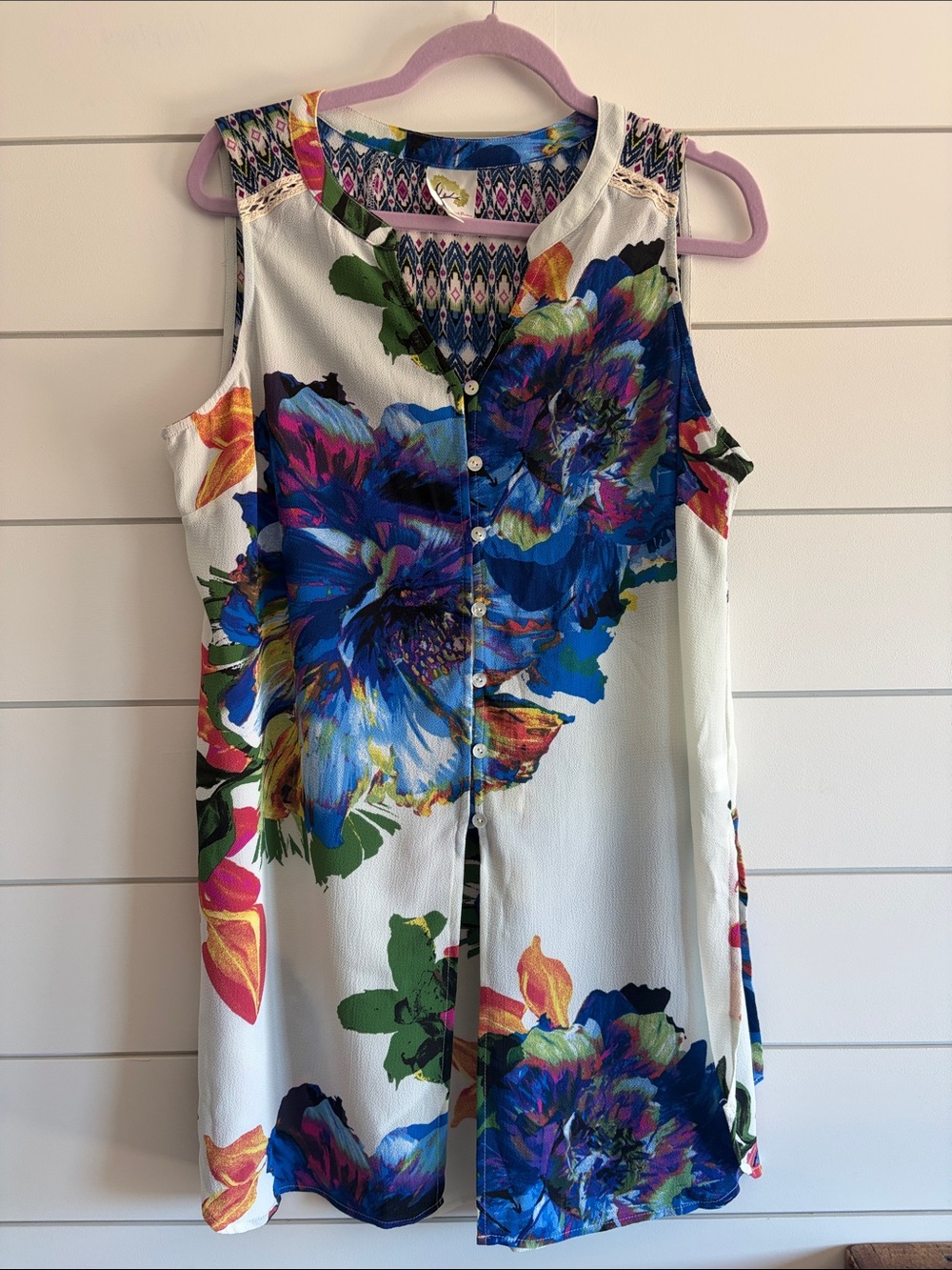 fig and flower Navy, Pink & White Ikat Print Sleeveless Tunic Top Size Large